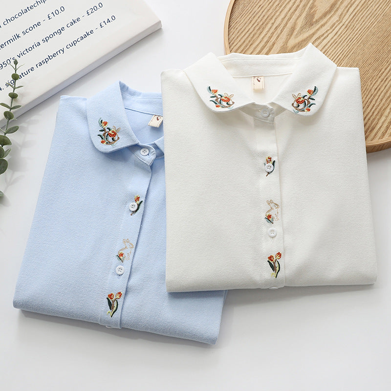 Flower Embroidered Cotton Round Neck Long Sleeve Shirt Women's Placket Rabbit Shirt