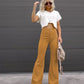 Solid Color Mid-waist Slim-fit Micro Flared Pants Corduroy