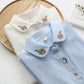 Flower Embroidered Cotton Round Neck Long Sleeve Shirt Women's Placket Rabbit Shirt